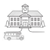 黑白学校建筑插图平面设计有一辆校车停在前面。用于教师或那些想制作儿童书籍的人的教学材料。