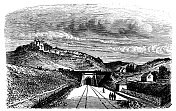 科学发现、实验和发明的古董插图:铁路建设隧道
