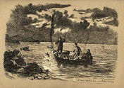 渔民晚上捕猎龙虾，纽芬兰，加拿大，维多利亚，19世纪
