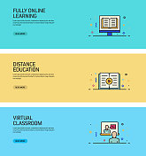 电子学习，在线教育，家庭学校相关的标题，网络旗帜的现代线条风格插图。