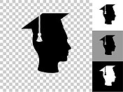 毕业脸和帽子图标在棋盘透明背景