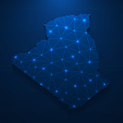 阿尔及利亚地图网络-明亮的网格在深蓝色的背景