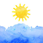 太阳和海手绘制和画在水彩纸上的水彩