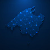 马略卡岛地图网络-明亮的网格在深蓝色的背景