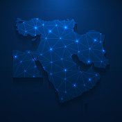 中东地图网络-明亮的网格在深蓝色的背景