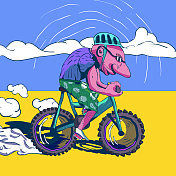 手绘卡通矢量插图-赛车自行车在一个头盔和短裤。