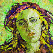时尚的插画现代艺术作品寓言的秋天原始油画印象主义肖像一个年轻浪漫美丽的女人与碟状眼睛和彩虹颜色的头发在一个风景如画的抽象背景在绿色调