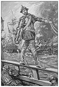 英国海军和陆军的古董插图:海军上将爱德华・霍华德爵士在征服湾的战舰战斗