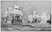 英国海军和陆军的古董插图:法国和英国船只，1795年7月17日