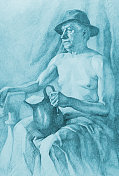 时尚的插图寓言口渴艺术印象派铅笔画放松娱乐垂直肖像在蓝色调的人物年老的威严的男人戴着一顶灰色的头发和一壶酒在一个铅笔阴影纸背景上