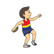 插图画家画穿着运动服的男运动员在体育比赛中掷铁饼。
