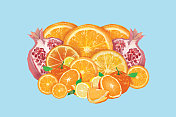 一套新鲜水果。橙色，柠檬和石榴背景