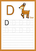 矢量插图的鹿孤立在白色的背景。用大写字母D作为教学和学习媒体，供儿童识别英文字母或供儿童学习写字母用于在家里和学校学习。