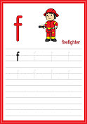 矢量图的消防队员孤立在一个白色背景。用小写字母f作为教学和学习的媒介，供儿童识别英文字母或供儿童学习书写字母用于在家里和学校学习。