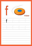 矢量插图飞盘孤立在一个白色的背景。用小写字母f作为教与学的媒介，供儿童识别英文字母或供儿童学习写字母用于在家里和学校学习。