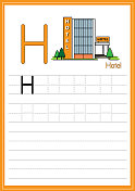 矢量图的酒店建筑孤立在一个白色的背景。用大写字母H作为教学和学习媒体，供儿童识别英文字母或供儿童学习写字母用于在家里和学校学习。