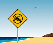 黄色警告标志禁止在海滩和海边游泳