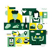 餐厅,食物和饮料相关的平面风格矢量插图 餐厅,食物和饮料相关的平面风格矢量插图