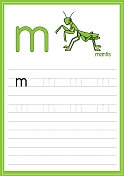 矢量插图螳螂孤立在一个白色的背景。带小写字母M，用作教与学的媒介，供儿童识别英文字母或供儿童学习书写字母用于家庭和学校学习。