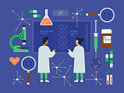 两名医学研究人员在实验室设备之间的插图