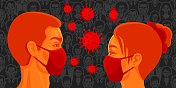 男人和女人面对面戴着口罩。2019-nCoV病毒。