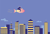 商人骑着鱼在城市上空飞翔