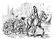 人们在街上骑着马。孩子们追着他跑
