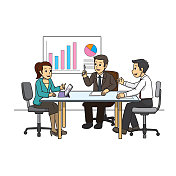 3名商人坐在办公室里开会互相讨论,用各种设备和挂图显示。 3名商人坐在办公室里开会互相讨论,用各种设备和挂图显示。