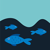 矢量平面设计插图与矢量鱼，海洋卡通画与波浪
