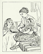 复古母亲给女儿读睡前故事，美国维多利亚版画，1882年