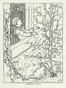 在阵雨中，复古少女探出窗外，美国维多利亚版画，1882年