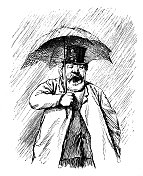 一个在雨中打着伞的男人的肖像