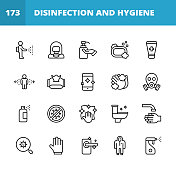 消毒和卫生线图标。可编辑的中风。像素完美。移动和网络。包含像兽群免疫，防护服，消毒，洗手，湿纸巾，喷雾清洁剂，清洁，病毒测试，乳胶手套等图标。