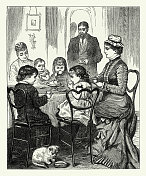复古，一家人在餐桌上吃晚餐，一只猫在喝牛奶，美国维多利亚版画，1882年