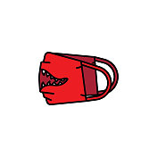 手工制作的有彩色图案的面具，红色的上面有一个鲨鱼嘴。