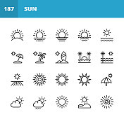 太阳线图标。可编辑的中风。像素完美。移动和网络。包含如太阳，阳光，夏天，假日，海滩，气候，环境，天空，能源，自然，热带，夏威夷，旅游，温暖，热，热，阳光等图标。
