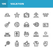 度假和旅游线路图标。可编辑的中风。像素完美。移动和网络。包含如帽子，行李，岛，海，伞，吉他，排球，旅行，飞机，冲浪，护照，太阳，沙城堡，海滩，热带，夏威夷，露营。