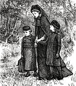 一个寡妇和她的两个孩子在森林里