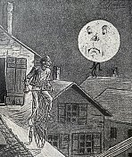 一个自行车手在屋顶上梦游，月亮看起来很惊讶