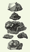古董，石英，纤维棕色赤铁矿，石棉，锑矿，花岗岩中的锡矿，矿物及其结晶形式雕刻古董插图，出版于1851年