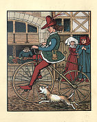 维多利亚时代的漫画，一个骑自行车的人骑着一辆破骨头的自行车
