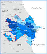 阿塞拜疆的地图。矢量蓝色插图与区域，地理边界和里海