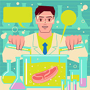 科学家(工程师，生物化学家)在实验室制作人造肉(人造肉，体外肉，实验室培养的汉堡)。基因工程，基因改造，转基因和基因操纵概念