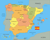 带有旗帜的西班牙平面地图