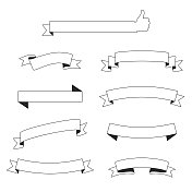 一套丝带，横幅(轮廓，线条艺术)-设计元素在白色的背景