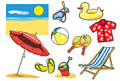 夏季物体拼贴，海滩项目设置孤立。节日假期的象征。