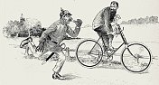 警察跑着试图阻止一个骑自行车的人
