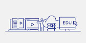 在线教育和在线学习相关的网页横幅线条风格。现代线性设计矢量插图的网站横幅，网站标题等。