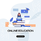 在线教育、电子学习、远程教育、网站横幅、广告和营销材料、在线广告、商业演示等概念矢量插图。