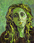 插图油画女人肖像与长头发明亮的嘴唇在一个抽象的黄色背景